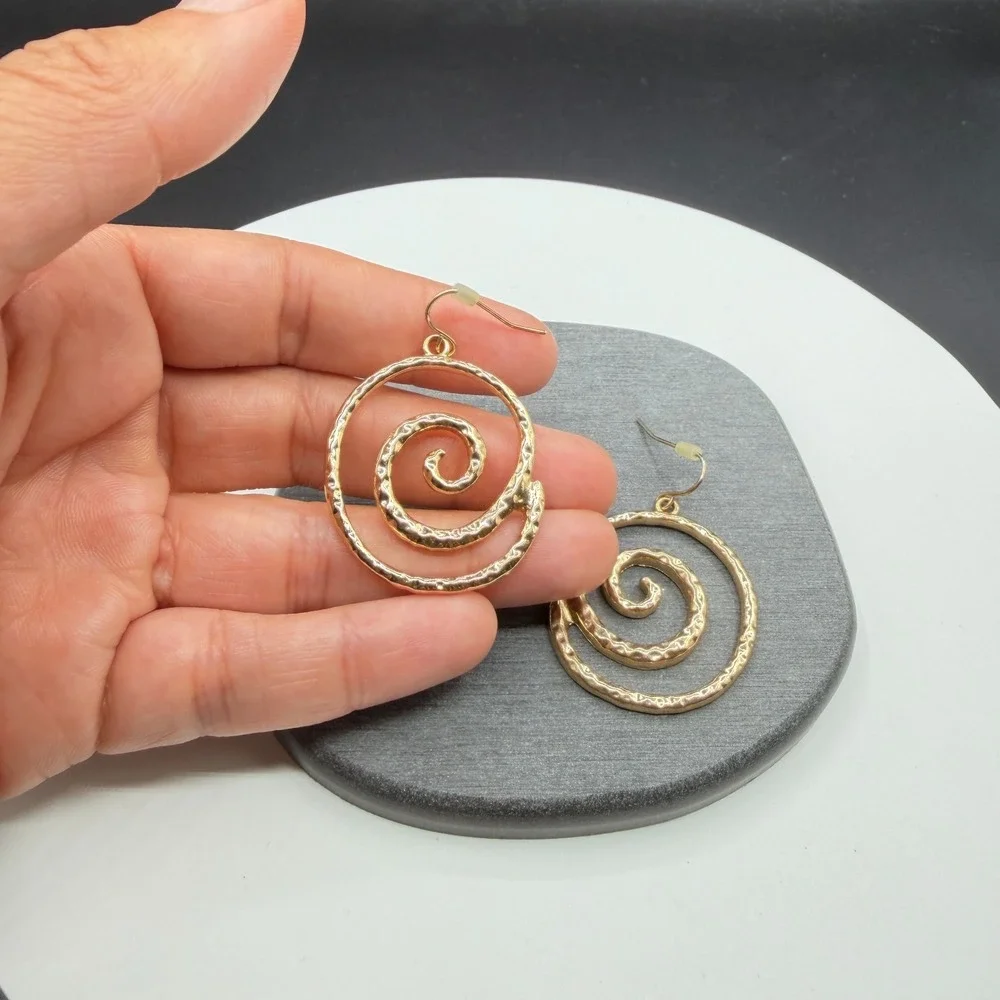 Gold Tone Hammered Spiral Dangle Earrings Large Swirl Boho Statement Jewelry